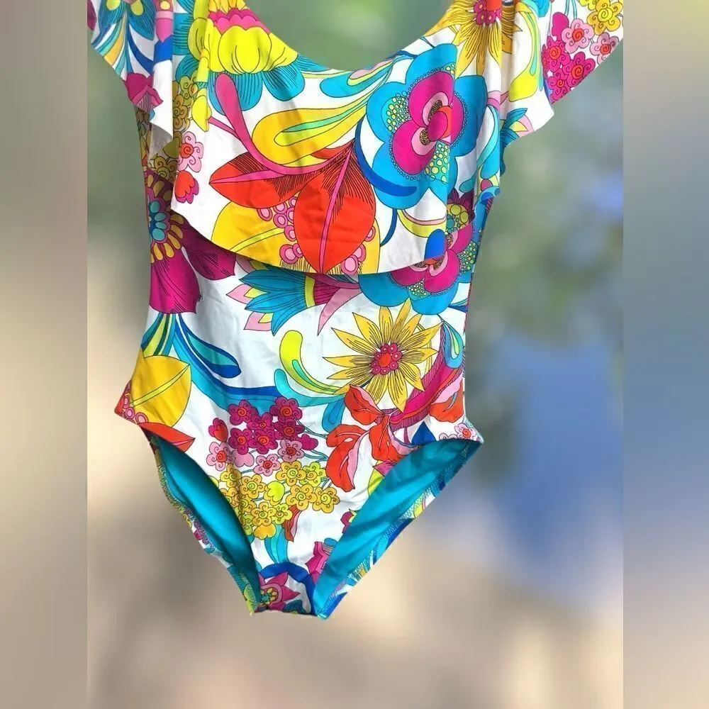 NWT Trina Turk Fontaine Ruffle Off The Shoulder One Piece Swimsuit Size 6